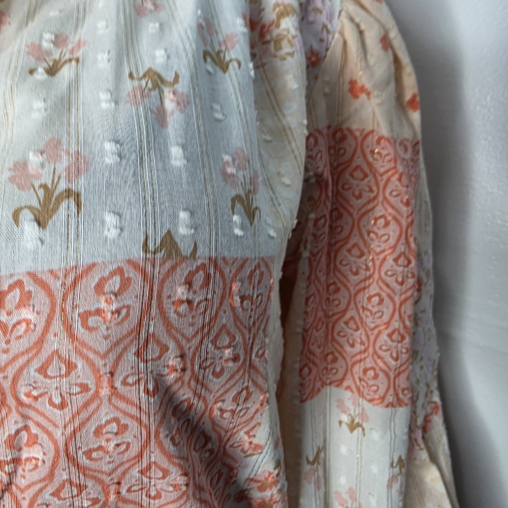 Style & Co. Patchwork Ruffle-Neck Blouse in Coral & Cream Size US/M - Picture 8 of 13